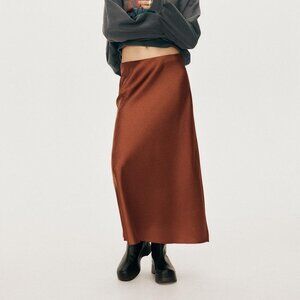 Zara Satin Midi Skirt Burnt Umber Brown Size L High-Waisted Elegant Sustainable